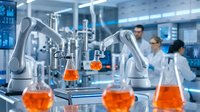Robotic arms handling orange chemical solutions in modern laboratory with scientists working in background for pharmaceutical research and development.