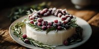 Festive brie cheese wheel decorated with sugared cranberries and fresh rosemary sprigs on rustic wooden table, perfect for holiday entertaining.