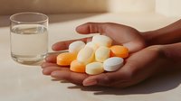 Hands holding assorted medication pills and capsules in orange and white with glass of water on neutral surface for healthcare and wellness concepts.