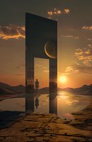 Surreal portal in desert landscape with silhouette figure standing at sunset, crescent moon visible through mirror frame, water reflection creates symmetry.