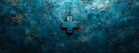 Glowing cross symbol on textured teal stone surface, representing faith, spirituality, religion, and healing for worship and medical concepts.