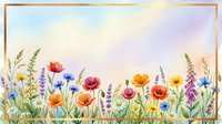 Watercolor wildflower meadow border with poppies, cornflowers and lavender on soft gradient background for spring and summer botanical designs.