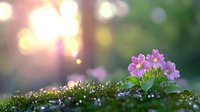 Pink wildflowers blooming among dewy moss at sunrise, with soft bokeh lights and natural lens flare creating dreamy morning atmosphere in garden setting.