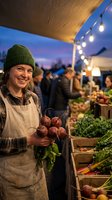 Young Caucasian female farmer vendor smiling at evening farmers market holding fresh radishes wearing green beanie and apron with string lights overhead.