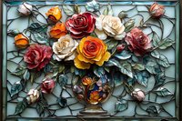 Colorful roses arrangement in stained glass style with red, yellow, and cream blooms against turquoise background, featuring ornate vase and flowing leaves pattern.
