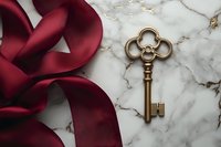 Vintage brass key with ornate trefoil bow lies on marble surface beside flowing burgundy silk ribbon, creating romantic composition with luxurious contrast.