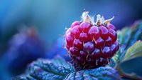Fresh ripe raspberry macro shot with water drops on dark blue background, showing detailed texture and natural morning dew for food photography and packaging design.