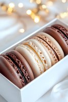 French macarons in white gift box with chocolate and vanilla flavors, arranged in row against soft bokeh lights background, elegant dessert presentation.