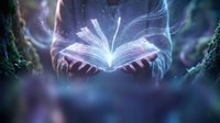 Hands holding glowing open book with magical light rays and sparkles emanating from pages in mystical forest setting for fantasy storytelling concepts.