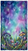 Enchanted forest floor with luminescent mushrooms and magical flora beneath a cosmic galaxy sky filled with glowing stars and nebula clouds in purple, teal, and pink hues.