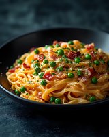 Creamy fettuccine pasta with crispy bacon bits, fresh green peas, and parmesan cheese sauce served in black ceramic plate on dark background. Food photography.