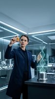 Female scientist examining test tube sample in modern laboratory with DNA hologram projection for medical research and biotechnology development.