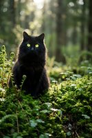 Black cat with bright yellow eyes sitting in lush green forest surrounded by ferns and plants with soft sunlight filtering through trees in background.