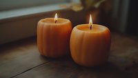 Pair of lit pumpkin-shaped candles glowing on wooden surface, creating warm autumn ambiance for fall decorating, seasonal celebrations, and cozy home interiors.