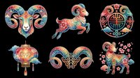 Colorful Chinese zodiac ram set with lantern and luck symbol, isolated on transparent background. Great for stickers, sublimation, t-shirt design, and print on demand.
