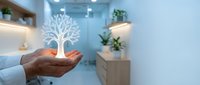 Hands holding glowing tree hologram in modern office space with plants, representing sustainability, growth, and eco-friendly business innovation.