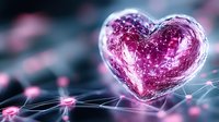 Glowing pink heart shape with network connections on dark background, floating in digital space with bokeh light effects and geometric lines. For love concepts.