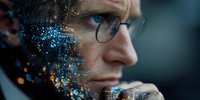 Middle-aged Caucasian businessman with glasses and digital particles on face representing artificial intelligence and technology integration in modern business.