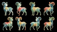Watercolor Aries ram zodiac set with colorful horned rams isolated on transparent background, ready for stickers, clipart, t-shirt design, and print on demand.