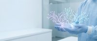 Healthcare professional holding glowing neural network connections representing artificial intelligence and medical technology innovation in modern clinic.