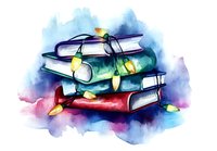 Stack of books with glowing fairy lights on watercolor background, magical reading atmosphere with soft blue and purple hues creates cozy literary scene.