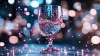 Magical wine glass with pink and blue bokeh lights creating dreamy atmosphere. Sparkling drink in crystal goblet against blurred background with glowing circles.