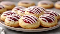 Homemade thumbprint cookies filled with raspberry jam and drizzled with white icing on ceramic plate, close-up view of festive holiday baking treats.