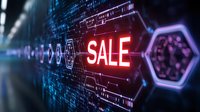 Glowing red sale text on futuristic digital interface with hexagonal elements and data streams, technology background for retail and e-commerce promotion.