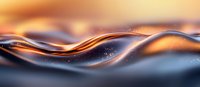 Abstract fluid waves in orange and blue colors with glowing particles create dynamic motion effect against blurred background. Suitable for tech designs.