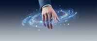 Hand reaching toward glowing blue digital spiral with particles, representing technology, innovation, and digital transformation for business and futuristic concepts.