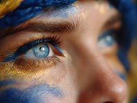 Striking blue eyes with gold and blue face paint in artistic macro photography. Ethereal close-up portrait highlighting intense gaze and dramatic makeup artistry.