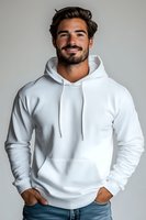 Young Hispanic man with beard wearing white hoodie and jeans, smiling confidently against light background. For fashion, lifestyle and casual wear advertising.