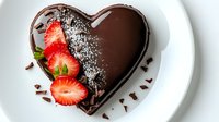 Heart shaped chocolate mousse cake decorated with fresh sliced strawberries, powdered sugar, and chocolate shavings served on white plate, romantic dessert.