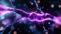 Glowing purple neuron synapse with electrical impulses on dark background showing neural network activity and brain cell communication in microscopic view.