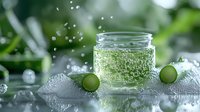 Fresh lime cocktail with bubbles and ice cubes in glass jar, green citrus drink with splashing droplets on wet surface, refreshing beverage photography.