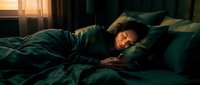Young woman peacefully sleeping in cozy bed with soft morning light streaming through window creating warm atmosphere for rest and relaxation concepts.