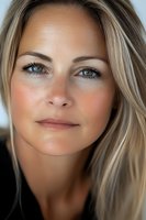 Close-up portrait of a middle-aged Caucasian woman with blonde hair and green eyes showing natural beauty and confidence against blurred background.