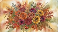 Watercolor autumn floral bouquet with sunflowers, dahlias, roses, and anemones in warm orange, red, and yellow tones on textured background.