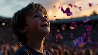 Young Caucasian boy gazing upward with wonder as purple flower petals float in evening air against sunset sky and blurred stadium crowd background, capturing childhood magic.