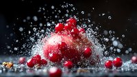 Fresh red cranberries splashing with water droplets and spray against dark background, dramatic food photography with freeze motion effect and bokeh lights.