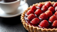 Fresh strawberry tart with chocolate ganache filling and buttery crust, served with coffee on dark slate background. Close up view of homemade dessert.