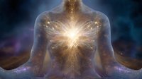 Glowing spiritual energy emanating from translucent meditating figure against cosmic background with purple and golden light effects, representing inner awakening.