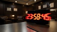 Digital alarm clock displaying red LED numbers on wooden surface in modern kitchen interior with warm ambient lighting for home decor concepts.