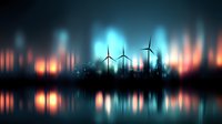 Wind turbines silhouetted against colorful aurora borealis sky reflecting in calm lake water, environmental concept showing renewable energy at night.