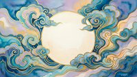 Watercolor full moon surrounded by swirling clouds in blue, gold, and purple tones, Asian style celestial art with copy space.