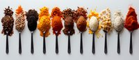 Colorful array of aromatic spices and seasonings arranged on black spoons against white background, showcasing diverse textures and vibrant hues from paprika to peppercorns.