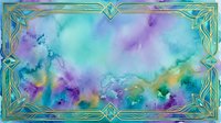 Watercolor abstract background with soft turquoise, purple, and yellow washes flowing across canvas, framed by ornate golden decorative border. Suitable for presentations, invitations, and design projects.