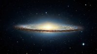 Spectacular edge-on spiral galaxy with bright central bulge and dark dust lanes against starry cosmic background for astronomy and space science projects.