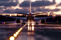 Commercial airplane on runway at sunset with dramatic sky and runway lights creating atmospheric aviation scene for travel and transportation concepts.