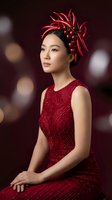 Asian woman wearing elegant red beaded gown with decorative chili pepper and berry headpiece against blurred burgundy background for fashion and editorial use.